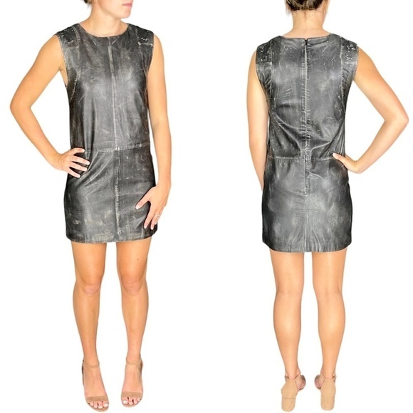 HUGO BOSS DISTRESSED LEATHER SLEEVELESS EMBROIDERED FITTED SHEATH MINI DRESS - Picture 1 of 15